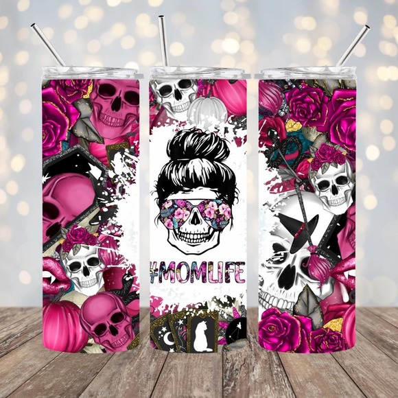 Skull Mom Life 20oz Tumbler With Metal Straw - Picture 1 of 3